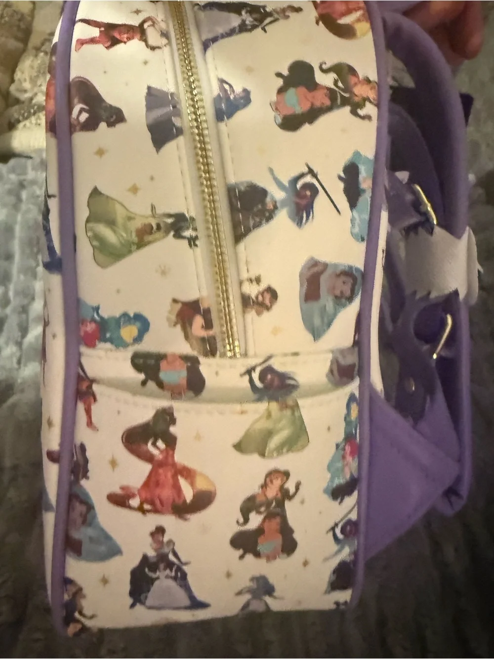 Loungefly White Mini Backpack with Purple Trim and Multicolor Princess Art